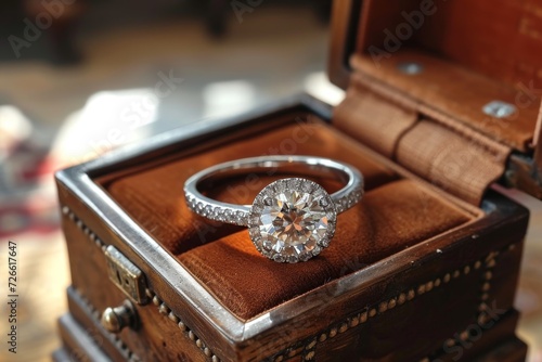 A platinum diamond ring is in a jewelry box, the concept of luxury © Александр Лобач