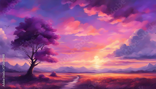 Beautiful Landscape Background Sky Clouds purple Sunset Oil Painting  © Zahid