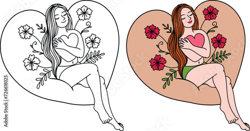 Happy white woman fall in love with herself, hugging herself and sitting on soft comfry heart shape cushion. Girl happy being single on Valentine's day. Inner beauty, self acceptance concept.Vector il