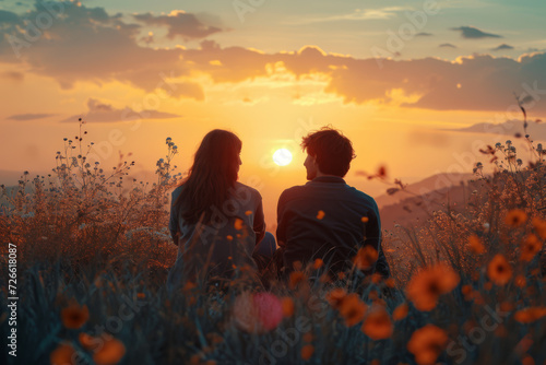 A couple enjoying a sunset, fully present and appreciating the moment together. Concept of shared mindfulness and connection. Generative Ai.