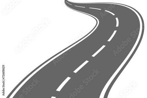 Winding road. Journey traffic curved highway. Road to horizon in perspective. Winding asphalt empty line isolated vector concept