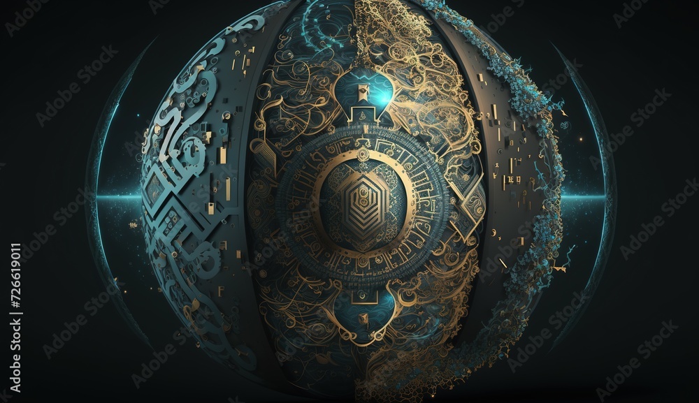 Naklejka premium Discover the fascinating world of cybersecurity art, merging hacker alerts and digital risks with the beauty of safeguarding. Unveil the complex sphere of technology, secure data, and network