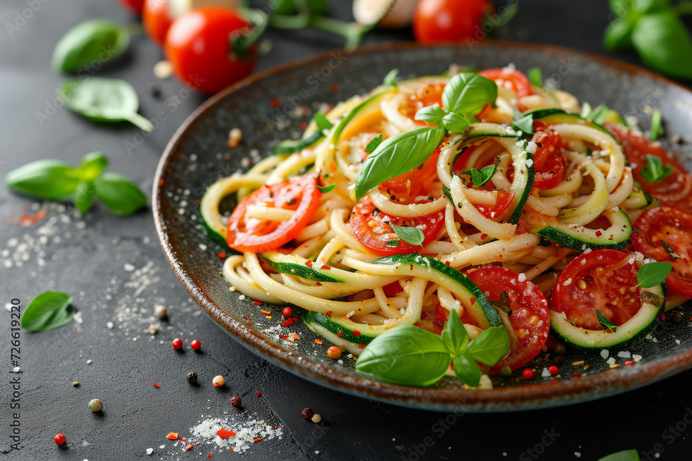Zucchini noodles as a low-carb alternative to traditional pasta, served with a fresh tomato sauce. Concept of healthy substitutions in favorite dishes. Generative Ai. Zucchini noodles as a low-carb alternative to traditional pasta, served with a fresh tomato sauce. Concept of healthy substitutions in favorite dishes. Generative Ai.