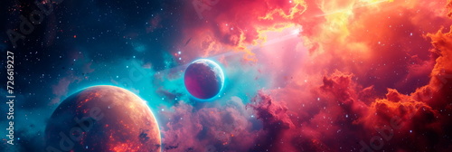 A vibrant space background, with planets, stars and interstellar clouds merging into a vibrant watercolor background.