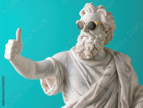 male smiling white statue portrait with beard, shows thumbs up, wear sunglasses, smiling, ancient clothes, vibrant blue color background 