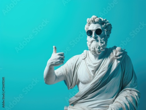 male smiling white statue portrait with beard, shows thumbs up, wear sunglasses, smiling, ancient clothes, vibrant blue color background
