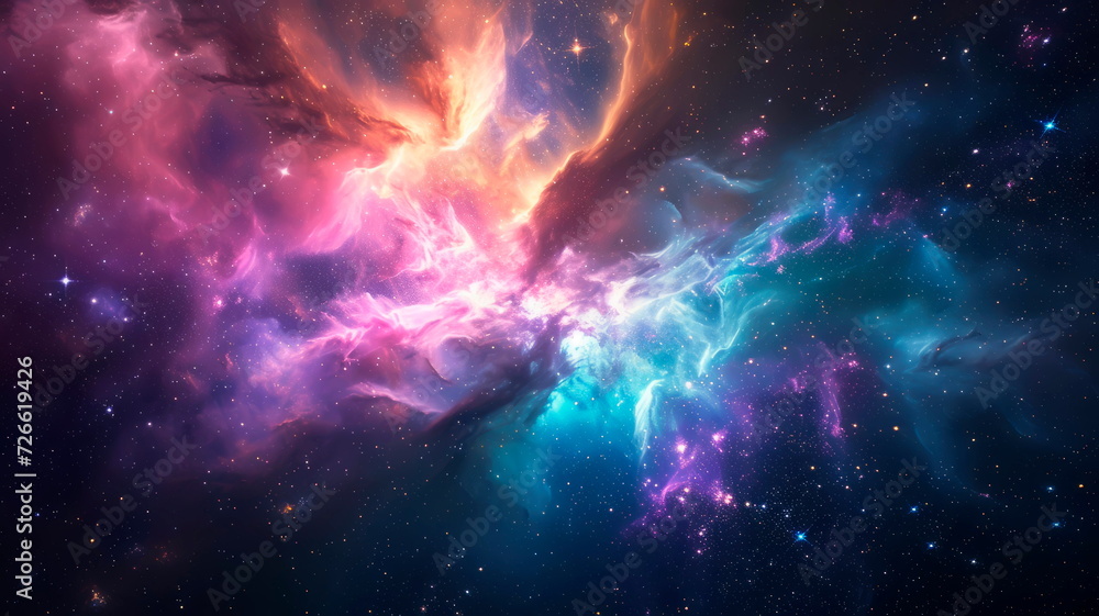 nebula of shining iridescent hues, surrounded by twinkling stars and celestial clouds.