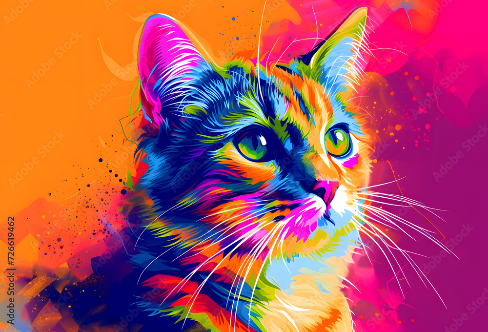 A colorful cat with a bright background. Ai generated.