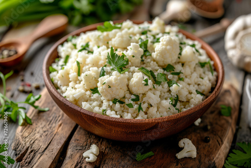 Cauliflower rice as a grain-free side dish, offering a light and nutritious complement to meals. Concept of low-calorie and versatile food options. Generative Ai.