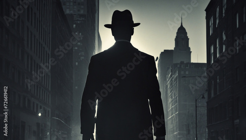 Noir style silhouette of a man against a city background.