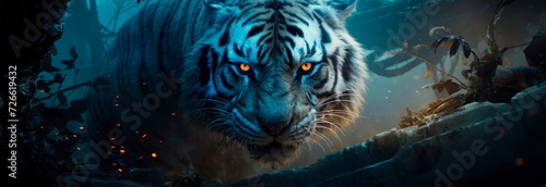 tiger with sapphire-blue eyes, prowling in a jungle illuminated by the soft light of the moon photo