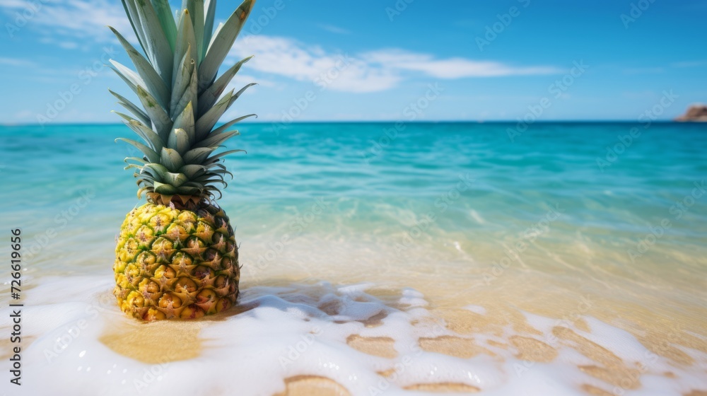 Summer background with pineapple on the seashore. Neural network AI generated art Summer background with pineapple on the seashore. Neural network AI generated art
