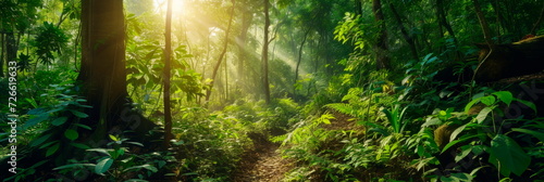 forest with vibrant trees and diverse flora, emphasizing the importance of forest conservation and carbon sequestration.