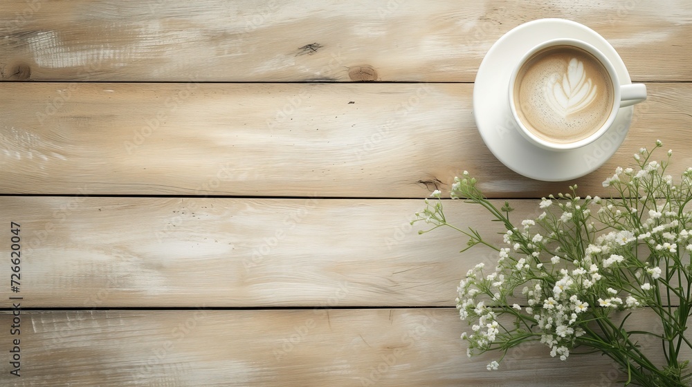 Bird's Eye View of Coffee Cup on Wooden Table: Copy Space with White Flowers Bird's Eye View of Coffee Cup on Wooden Table: Copy Space with White Flowers