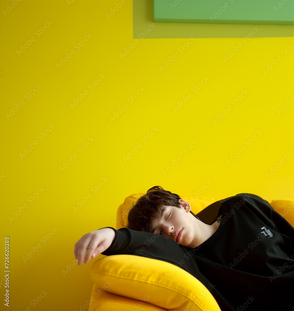 sad teenager boy dressed in emo style lies on a yellow sofa with a interior. Square frame sad teenager boy dressed in emo style lies on a yellow sofa with a interior. Square frame