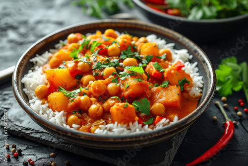 A chickpea and vegetable curry, offering a fiber-rich and plant-based dinner. Concept of flavorful and nutritious global cuisine. Generative Ai.