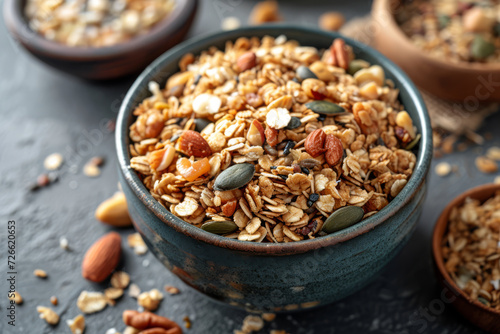 A homemade granola with oats, nuts, and seeds, free of added sugars. Concept of healthful and customizable breakfast choices. Generative Ai.