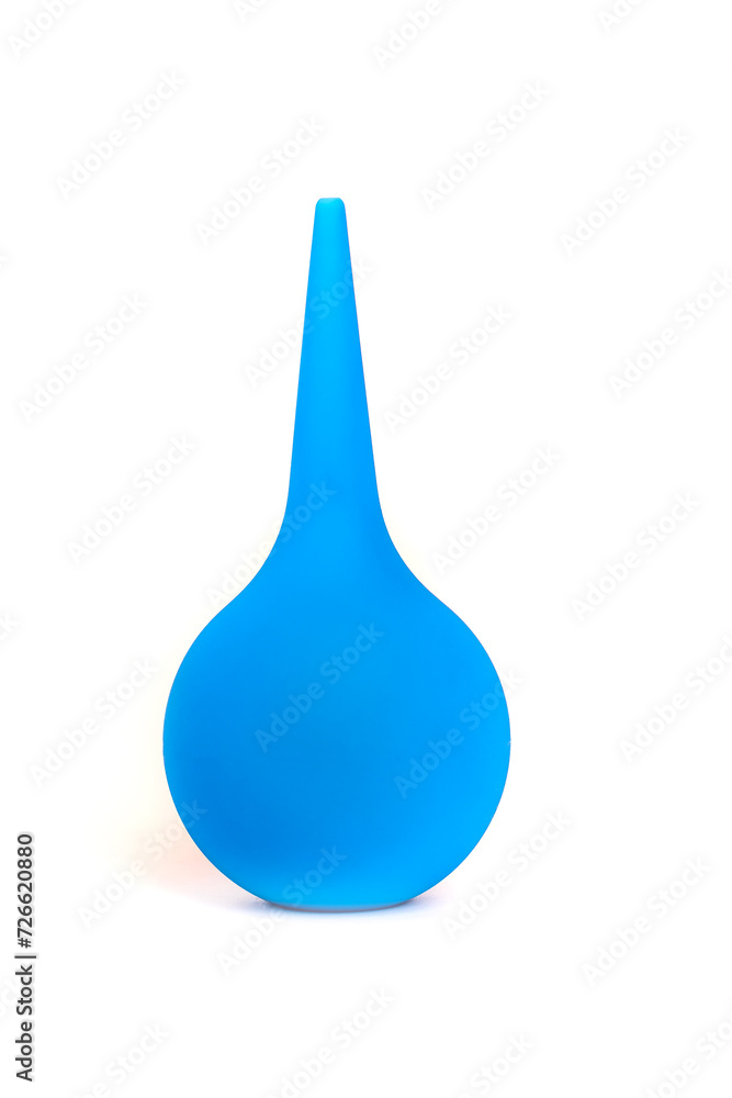 Medical pear rubber blue enema Isolated on white background. enema for cleaning intestines and treating diseases of digestive system and cleaning body.