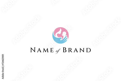 Mother and baby in flat vector design style illustration with care symbol shapes