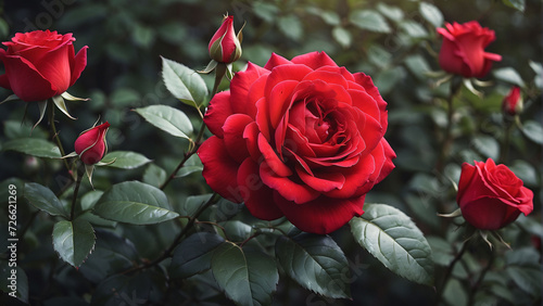 Red roses bloom in the summer in the country garden 