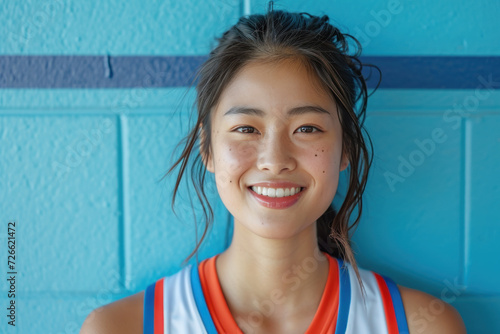 Asian woman wearing basketball player or supporter attribute uniform