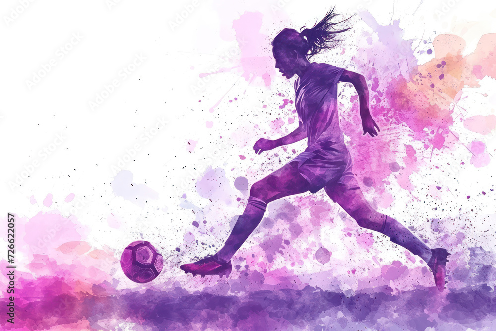Soccer player in action, woman purple watercolor with copy space