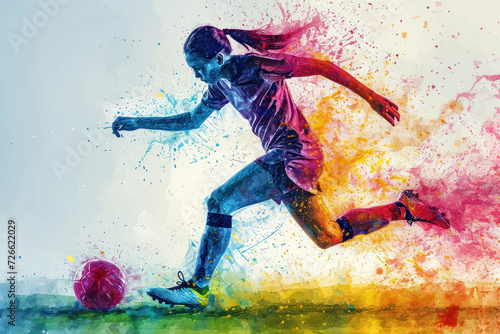 Soccer player in action  woman colorful watercolor with copy space