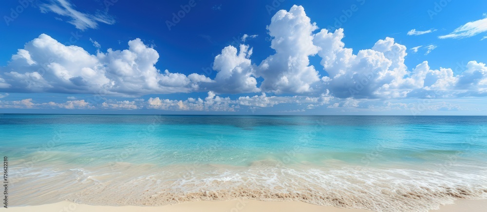 Beautiful panorama of seascape tropical beach with blue sky background. AI generated image