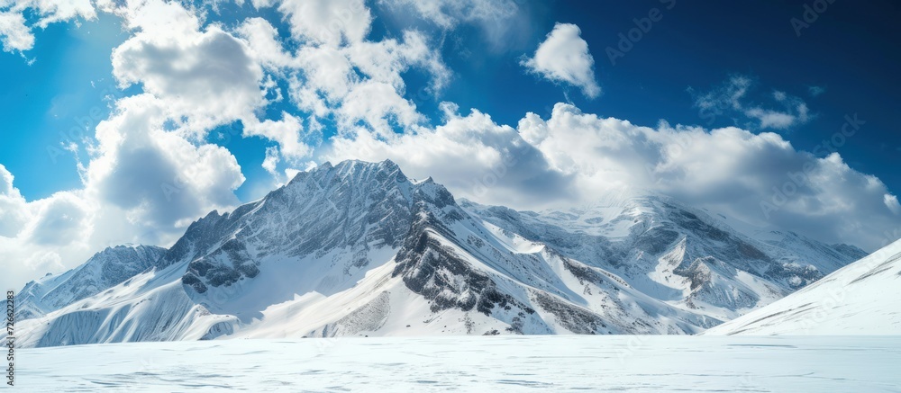 High mountain with withe snow and blue sky landscape. AI generated image
