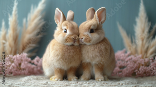 Background for Easter card, Easter card, two fluffy Easter bunnies, generated AI © Nataliia