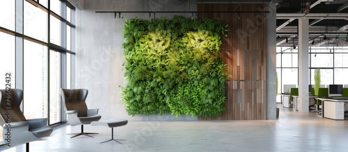 Green fresh plants in modern office wall for refreshing air circulation in the room. AI generated