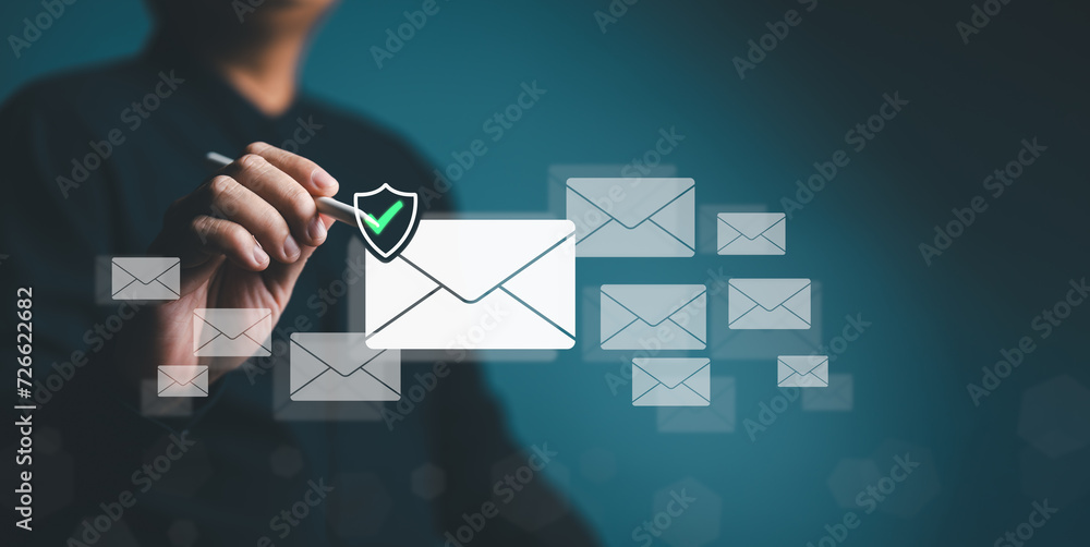 Safety email check, security monitoring threat protection, protection data from spam virus by notification in an internet email letter, trash mail and compromised information. Cybersecurity awareness. - obrazy, fototapety, plakaty 