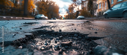 Closeup bad damaged asphalt road with potholes that are dangerous for passing cars. AI generated photo