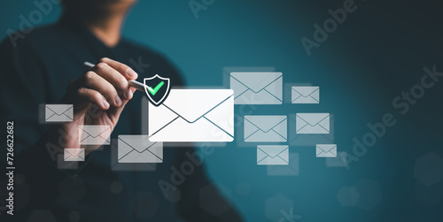Safety email check, security monitoring threat protection, protection data from spam virus by notification in an internet email letter, trash mail and compromised information. Cybersecurity awareness. photo
