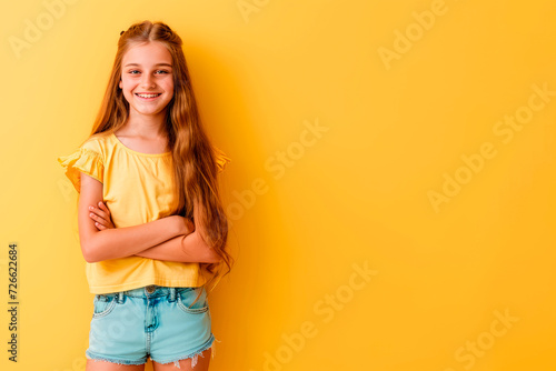 A Happy Young Woman, Dressed in Yellow and Blue, Shines Against a Luminous Yellow Background - Ample Copy Space Inviting Celebration