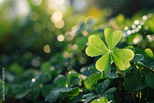 Green clover leaves illuminated by the sun. St. Patrick s Day celebration  good luck and fortune concept  copy space
