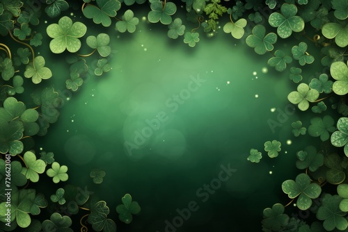 Ornament of clover leaves on a green background. St. Patrick's Day celebration, luck and fortune concept, copy space 