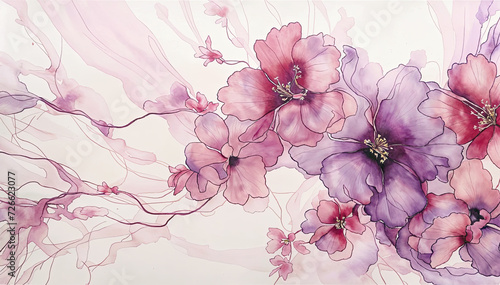 Fototapeta Naklejka Na Ścianę i Meble -   watercolor painting of pink and purple flowers on white marvel background 
