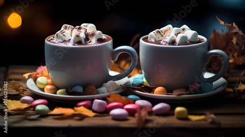 Two cups of hot chocolate, cocoa or warm drink with marshmallows. Neural network AI generated art