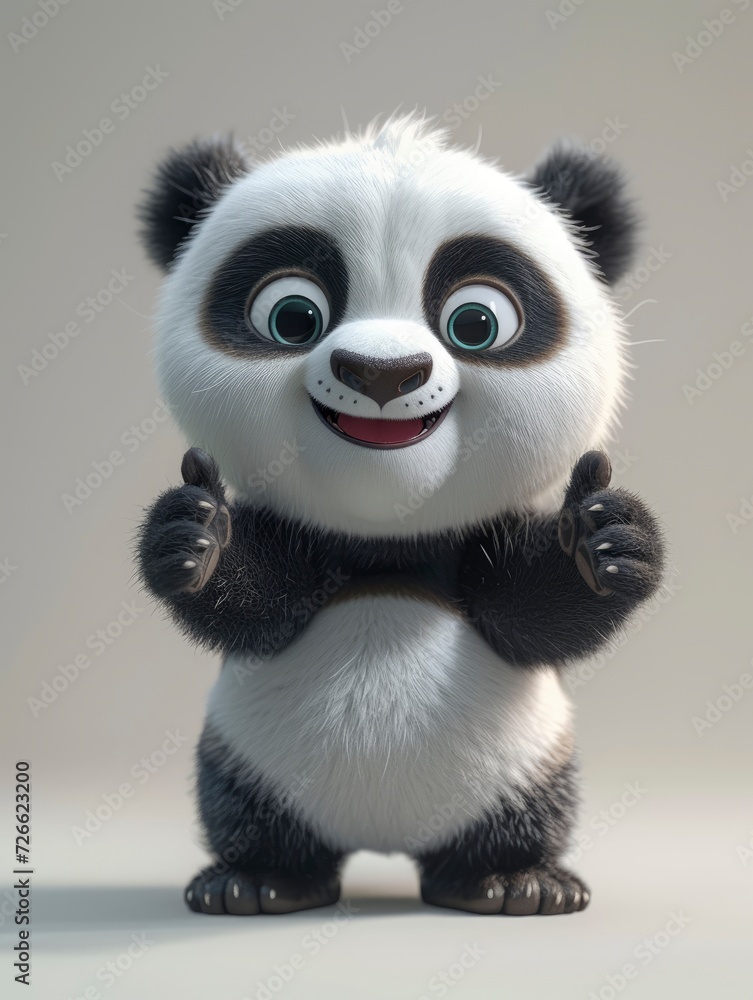 A cute Panda with anthropomorphic design, emoticons, 6 emoticons, various expressions, thumbs up, happy, angry, winking, staring, silly, 3D plush style, white background. - generative ai