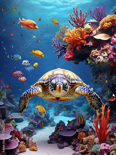  Turtle swimming in coral reef underwater high-quality image, generative AI
