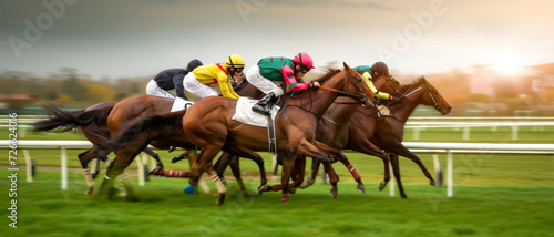 Thoroughbreds in a high-stakes race, a blur of speed and competition on the racetrack