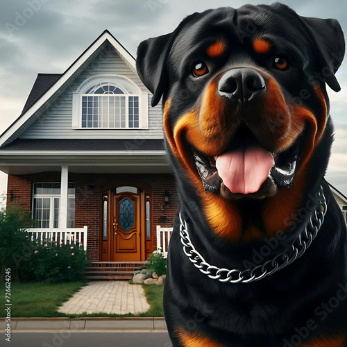 A rottweiler dog guarding a house in a suburban neighborhood.