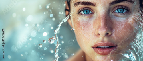 Crystalline water droplets cascade around a woman's visage, her blue eyes a testament to purity and calm