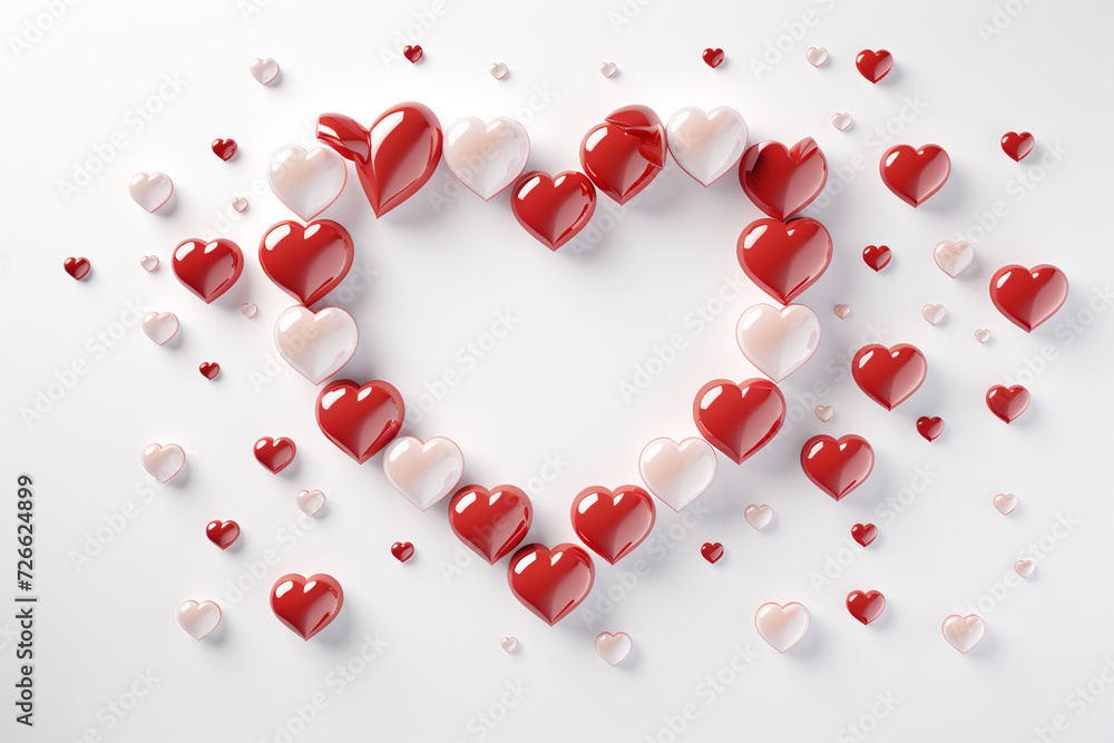 Red and white hearts on white background. 3D rendering. Valentine's Day