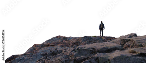 Adventure Man Hiker standing on top of Rocky Mountain Peak. Cutout on White Background. 3d Rendering.