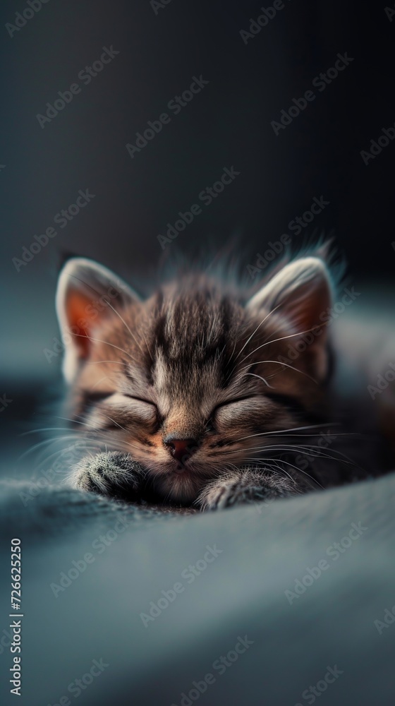 Realistic shot of a cute miniature kitten getting ready to sleep