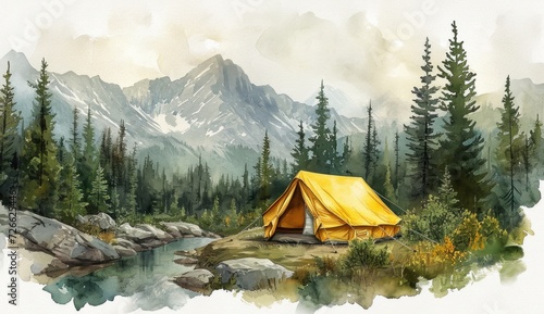 Watercolor camp with a weathered tent in the foreground  with forest and mountains in the background