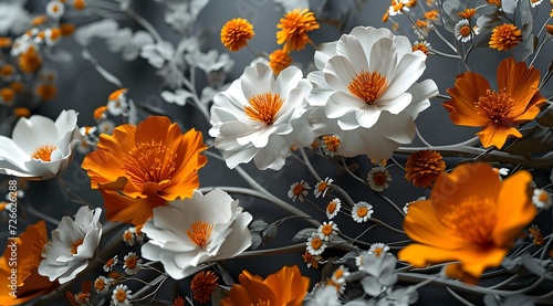 many white and orange flowers on a grey background 3d flower bouquets, paper sculptures