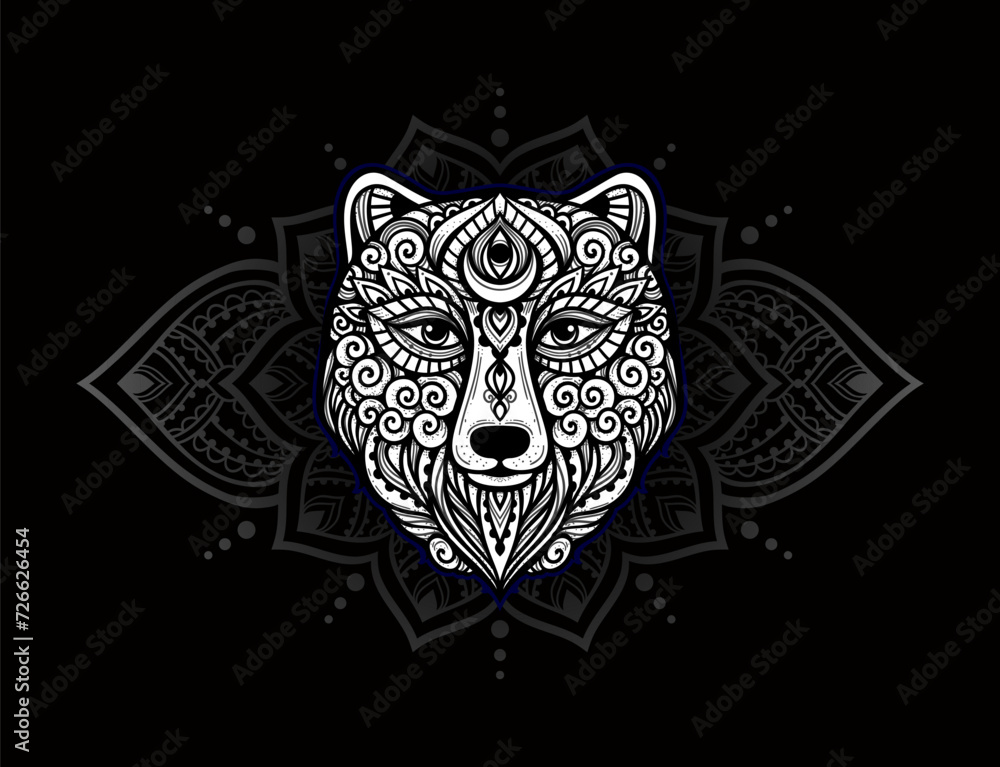 Fototapeta premium Bear mandala ornament. Vector illustration. Flower Ethnic drawing. Bear animal nature in Zen boho style. Coloring page black and white